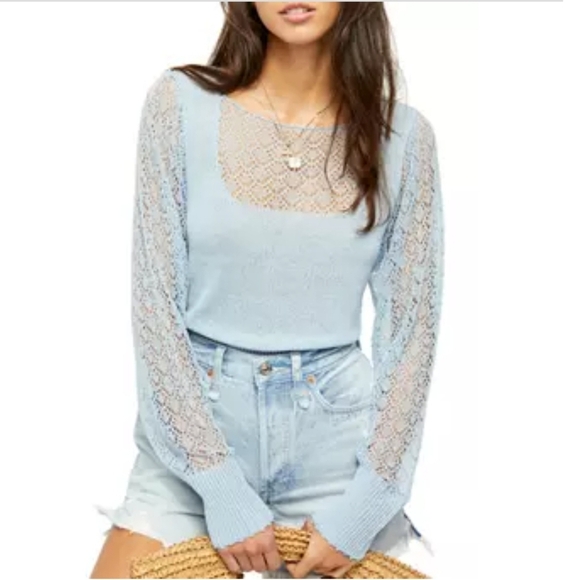 FREE PEOPLE CRYSTALLIZED EXTENDED SLEEVE CROCHET KNIT SWEATER SIZE M - Picture 1 of 14